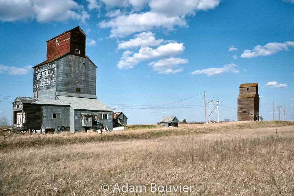 Neelby, SK grain elevators, April 2009. Contributed by Adam Bouvier.