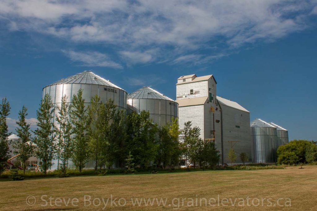 Elevator and bins in Baldur, MB, Aug 2014. Contributed by Steve Boyko.