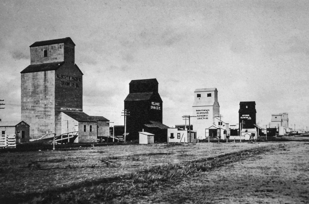 Six grain elevators in Herbert, SK. Date and photographer unknown.
