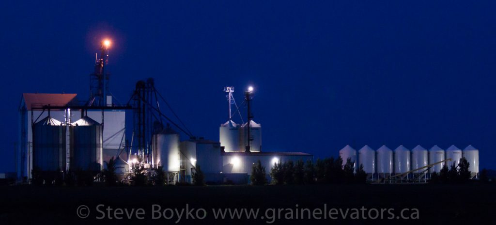 Jordan, MB grain elevator at night, July 2014. Contributed by Steve Boyko.