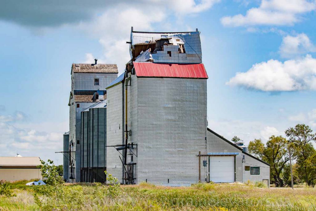 Damaged grain elevator in Minto, MB, August 2014. Contributed by Steve Boyko.
