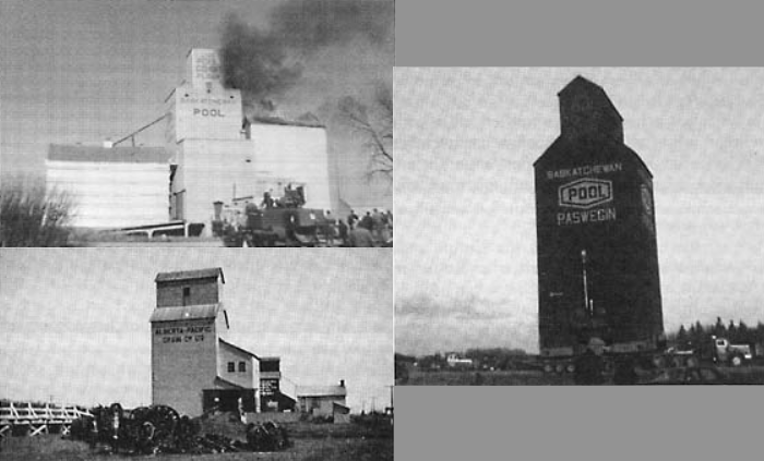Kuroki Pool elevator burning, 1973 (top left); Alberta Pacific grain elevator (bottom left); Paswegin elevator being moved, 1976 (right).
