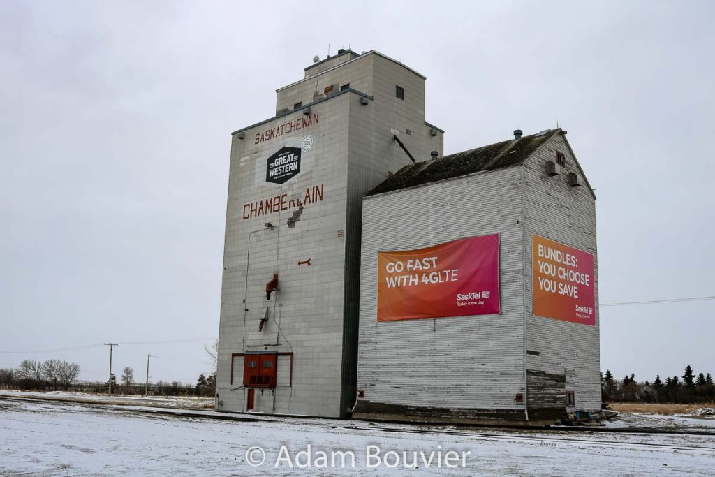 Grain elevator in Chamberlain, SK, Feb 2018. Contributed by Adam Bouvier.