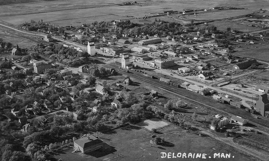 Aerial photo of Deloraine grain elevators, circa 1950.