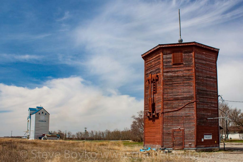 Water tower and elevator in Clearwater, MB, May 2014. Contributed by Steve Boyko.