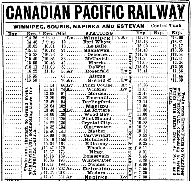 1907 CPR timetable, Winnipeg to Napinka
