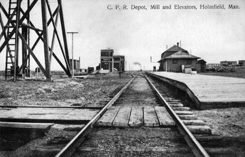 C.P.R. Depot, Mill and Elevators, Holmfield, Manitoba.
