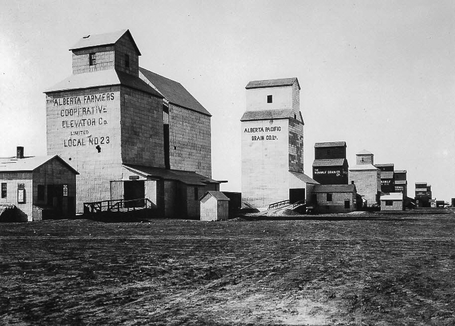 Grain elevators in Barons, AB, 1919.