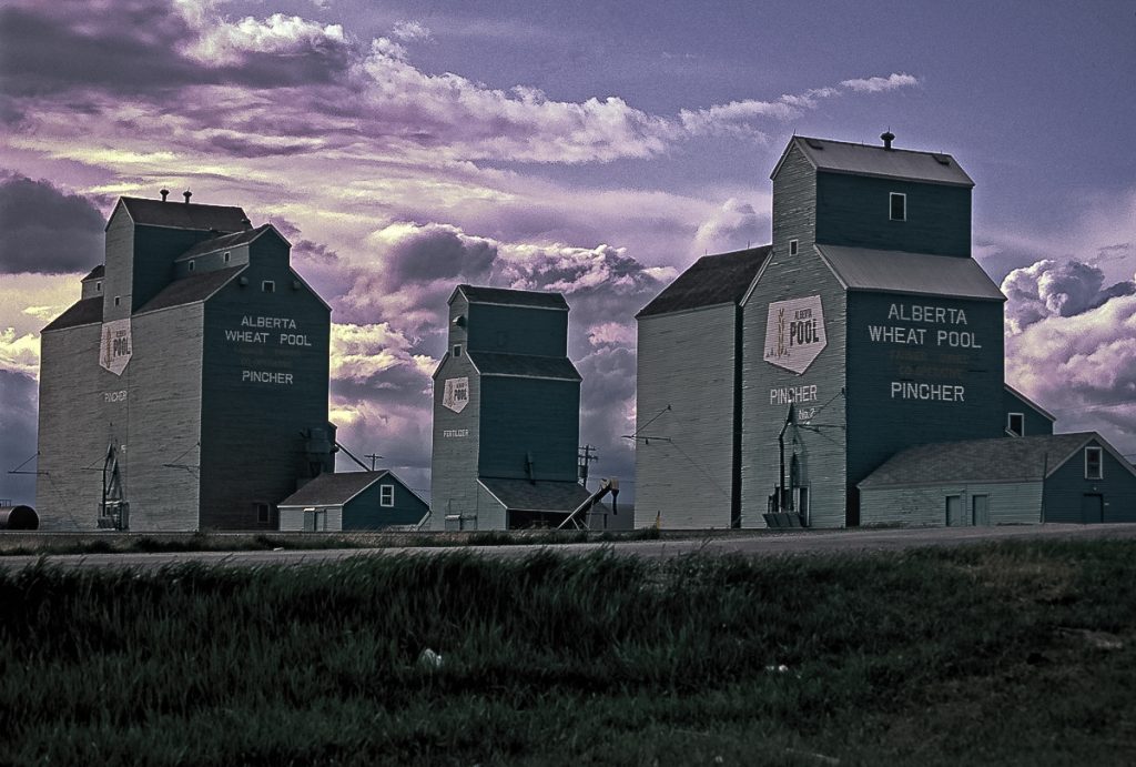 Pincher, AB grain elevators, 1992. Copyright by Gary Rich.