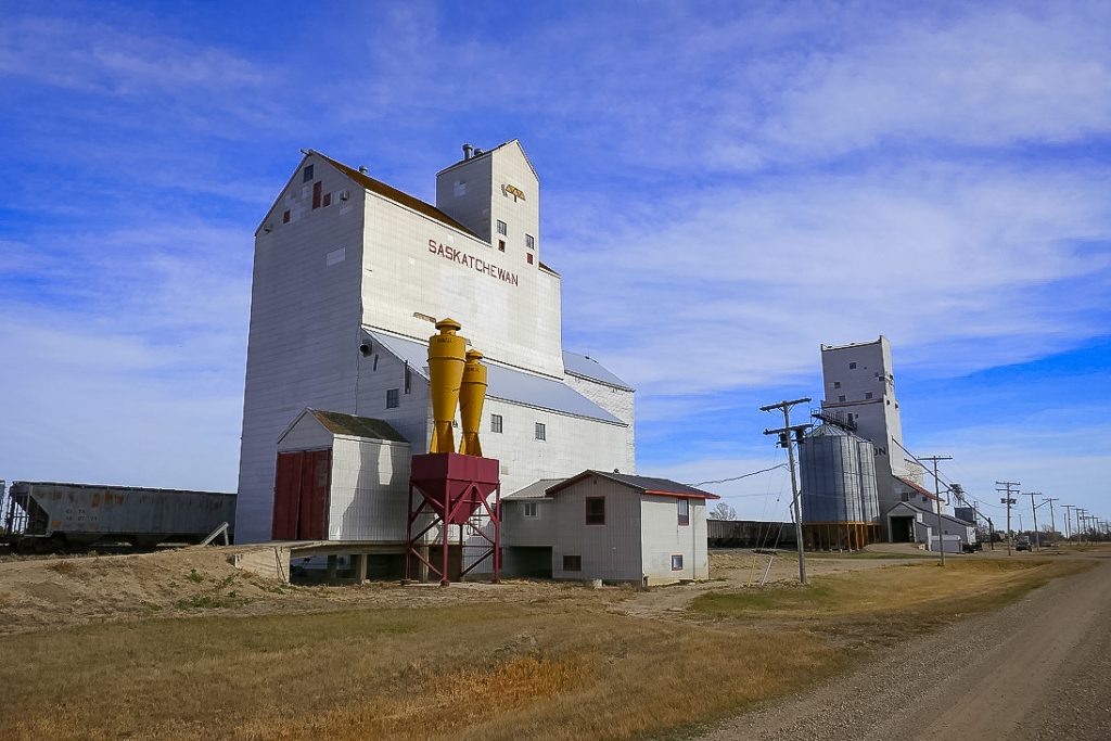 Two grain elevators in Lang, SK, Oct 2017. Copyright by Michael Truman.