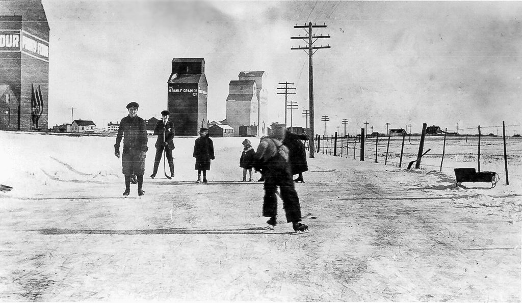 Parkland, Alberta grain elevators, circa 1920.