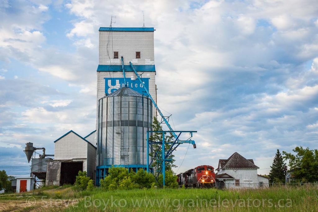 Train and grain elevator at McCreary, Manitoba, June 2015. Contributed by Steve Boyko.
