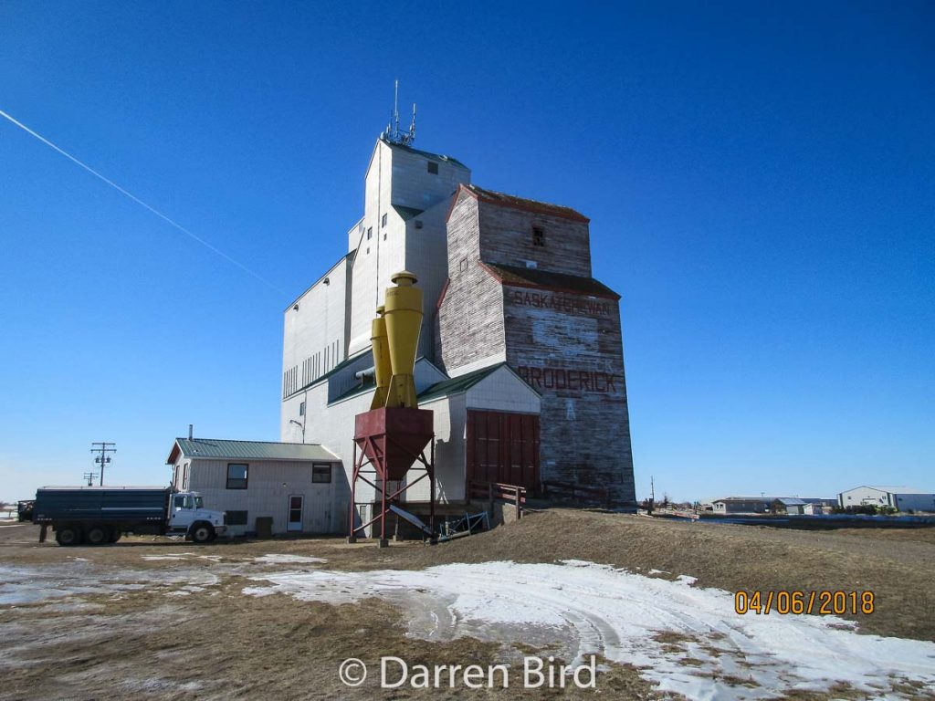 The Broderick, SK grain elevator, Apr 2018. Contributed by Darren Bird.