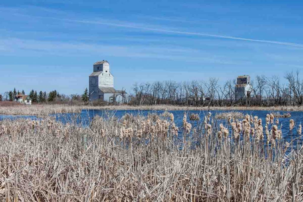 The two grain elevators in McConnell, MB, April 2016. Contributed by Steve Boyko.