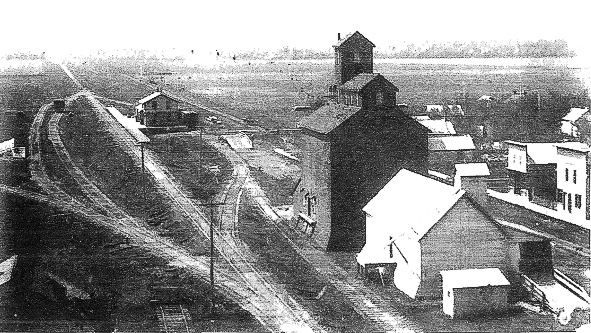 Gretna prior to 1910, showing the Henry Ritz elevator and CPR station.