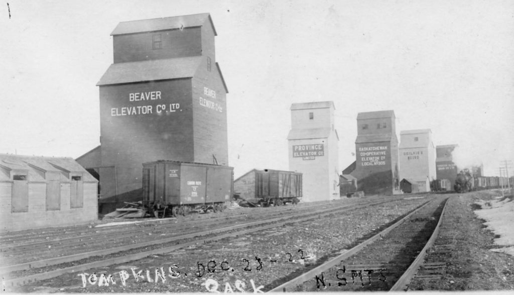 Grain elevators in Tompkins, SK.