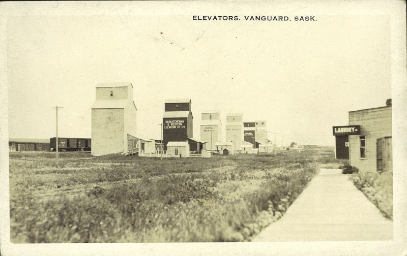 Grain elevator row in Vanguard, SK. Date unknown.