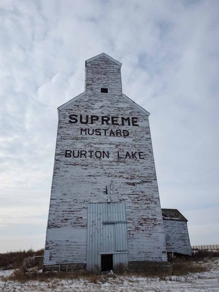 The "Supreme Mustard" grain elevator at Burton Lake, SK, Nov 2018. Copyright by BW Bandy.