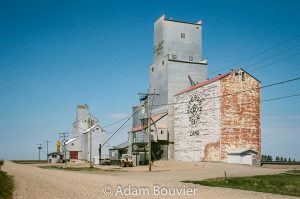 Two grain elevators in Lang, SK, 2017. Contributed by Adam Bouvier.