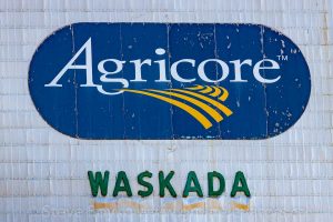 Agricore logo on grain elevator in Waskada, MB, Aug 2014. Contributed by Steve Boyko.