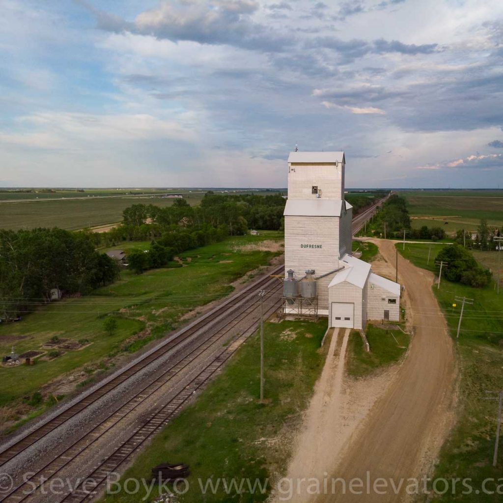 Aerial view of the Dufresne, Manitoba grain elevator, June 2019. Contributed by Steve Boyko.