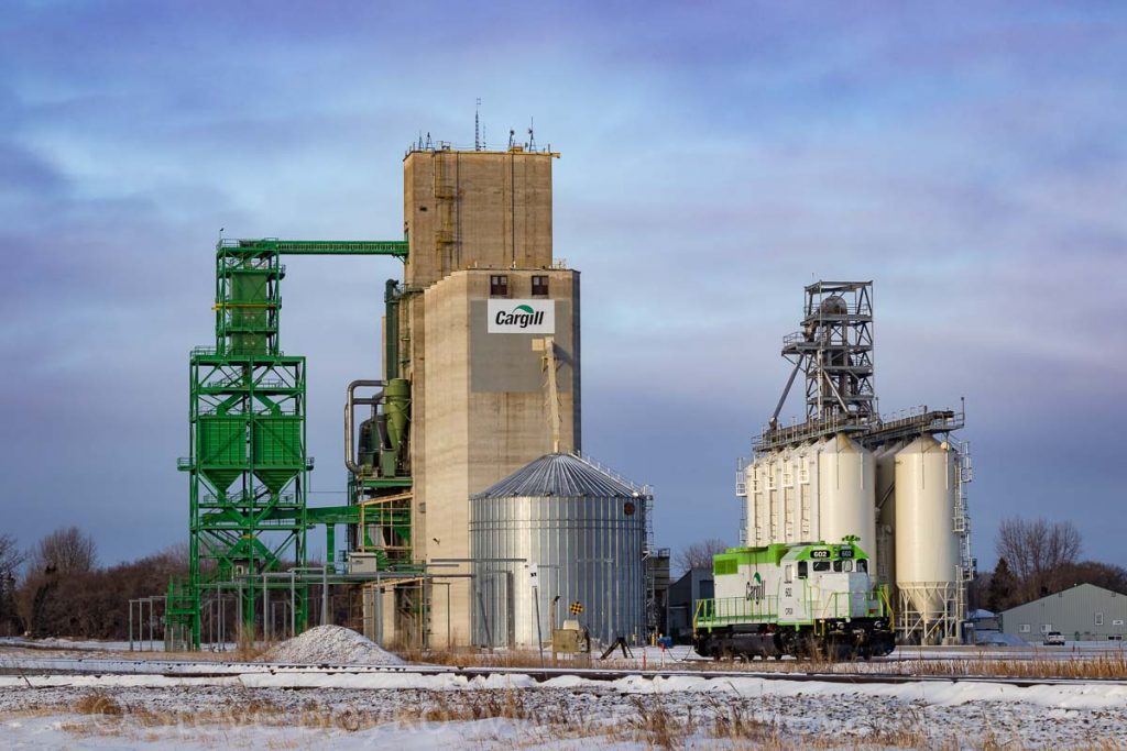 Cargill locomotive and grain elevator, Elm Creek, MB, Jan 2018. Contributed by Steve Boyko.