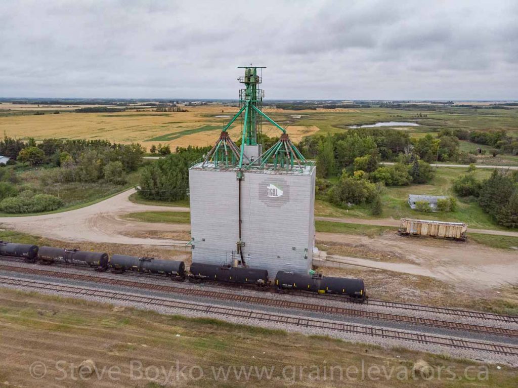 Aerial view of the Solsgirth, MB grain elevator, Aug 2019. Contributed by Steve Boyko.