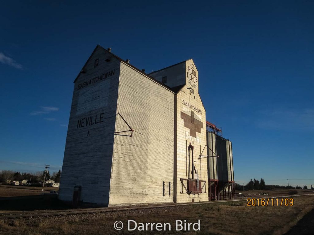 Grain elevator in Neville, SK, Nov 2016. Contributed by Darren Bird.