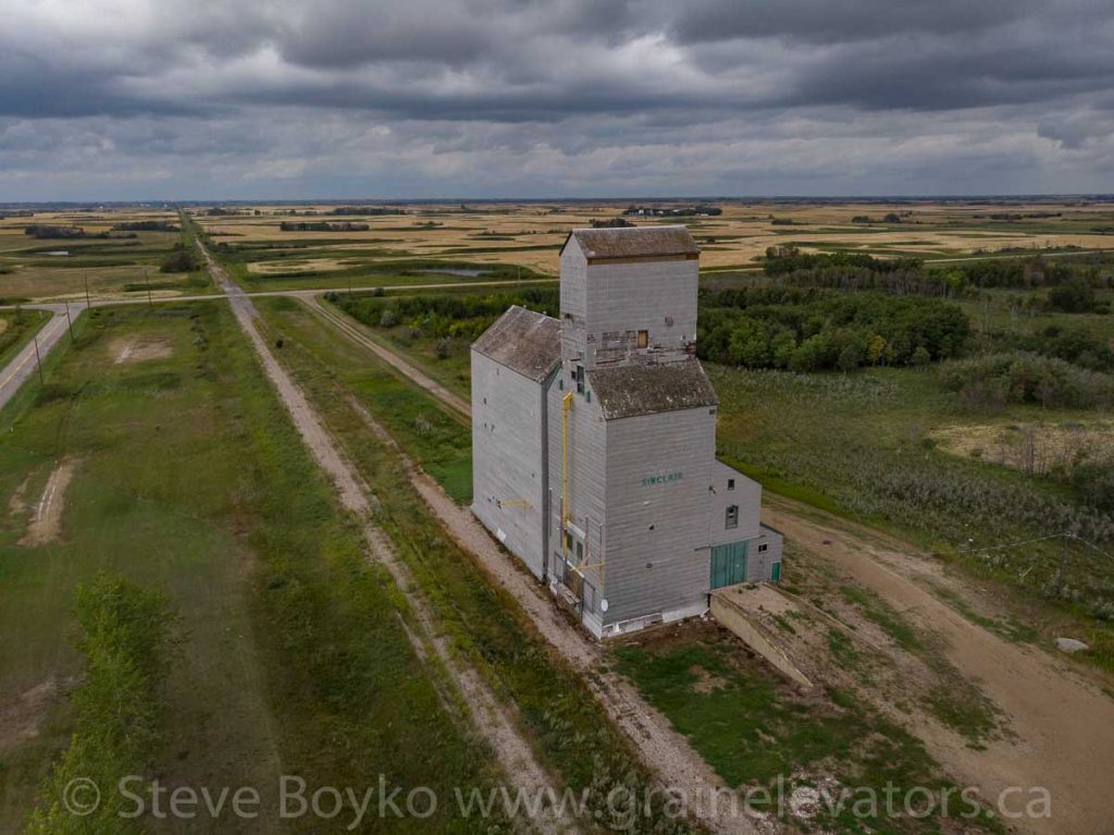 Aerial view of the Sinclair, MB grain elevator, Aug 2019. Contributed by Steve Boyko.