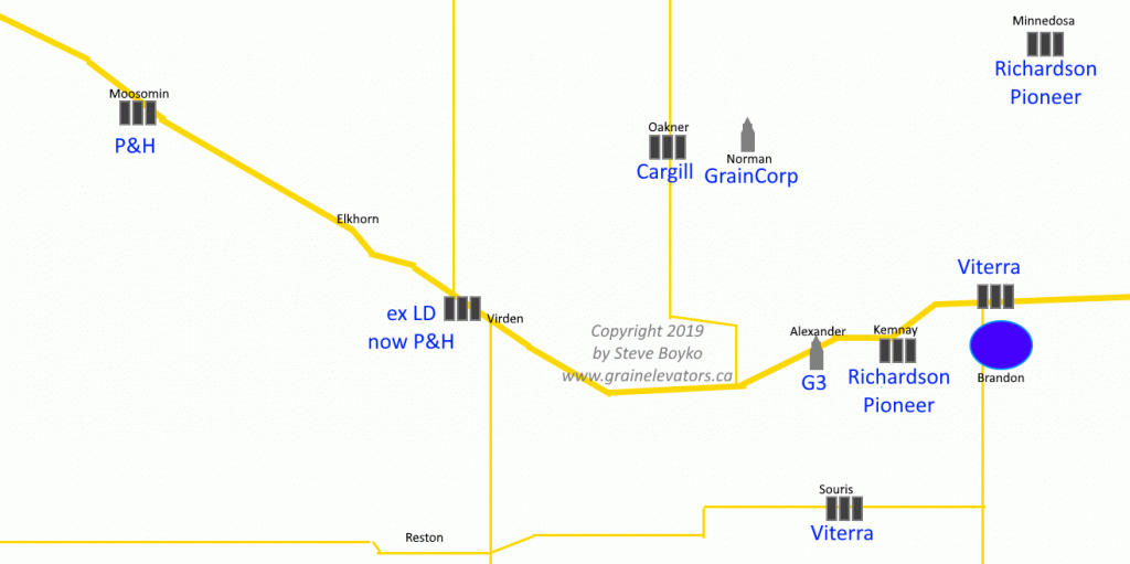 Map of online grain elevators around Virden, Manitoba