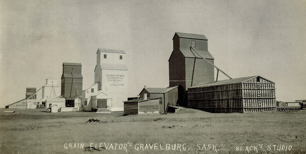 Gravelbourg, SK grain elevator row, date unknown.