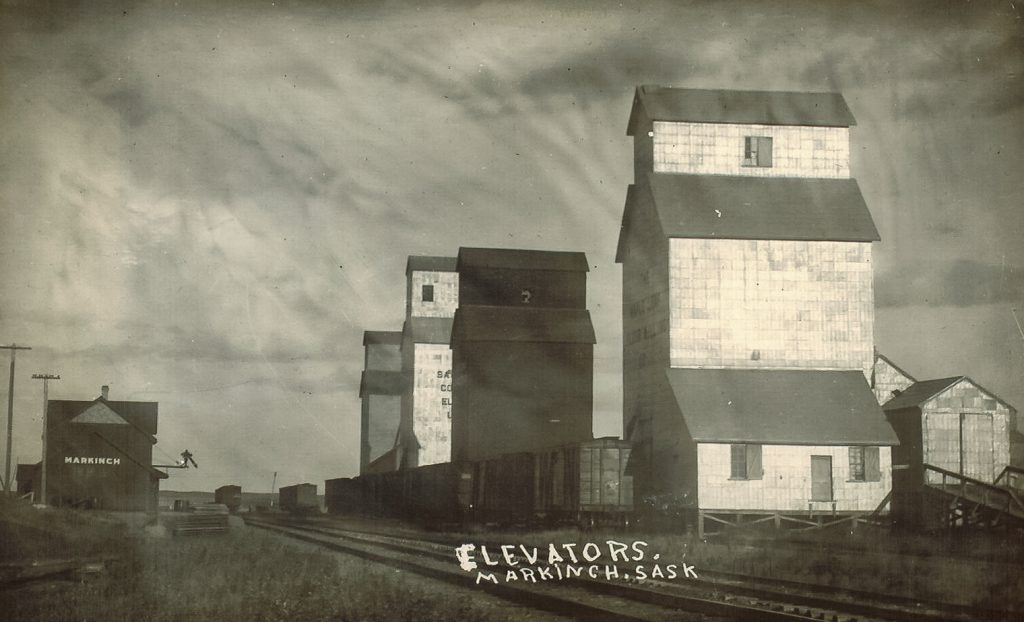 Markinch, SK grain elevators and train station, date unknown