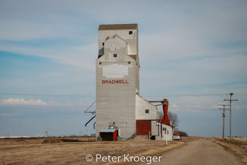 Grain elevator in Bradwell, SK, April 2009. Contributed by Peter Kroeger.