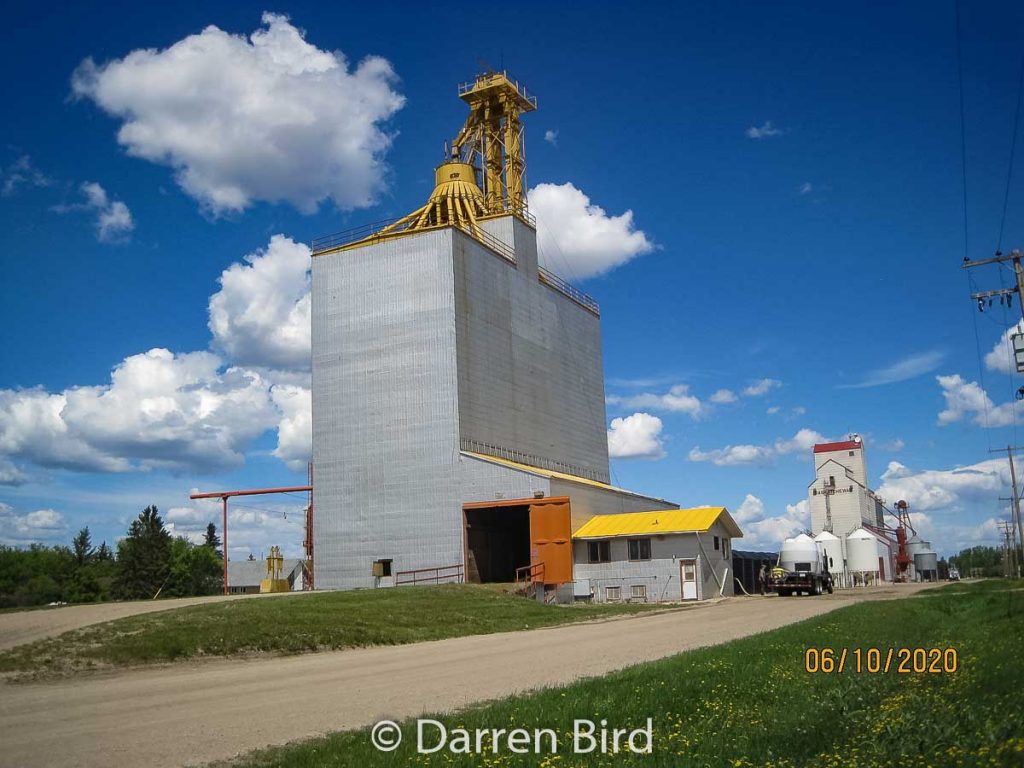 Two grain elevators in Leask, SK, June 2020. Contributed by Darren Bird.