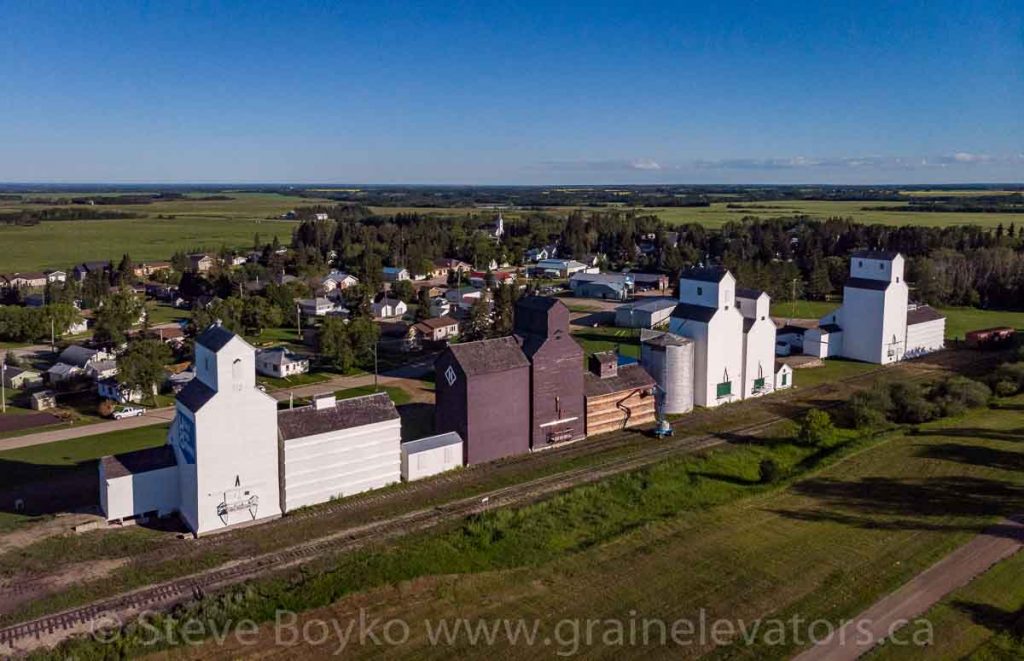 Drone view of the grain elevator row at Inglis, Manitoba, July 2020. Contributed by Steve Boyko.