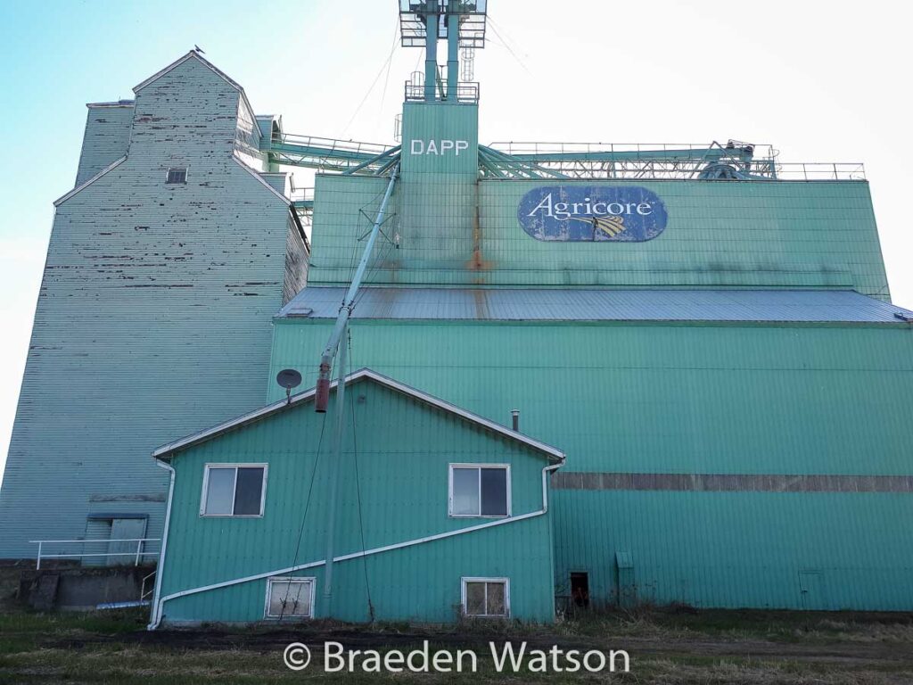 Ex Agricore grain elevator in Dapp, AB, May 2020. Contributed by Braeden Watson.