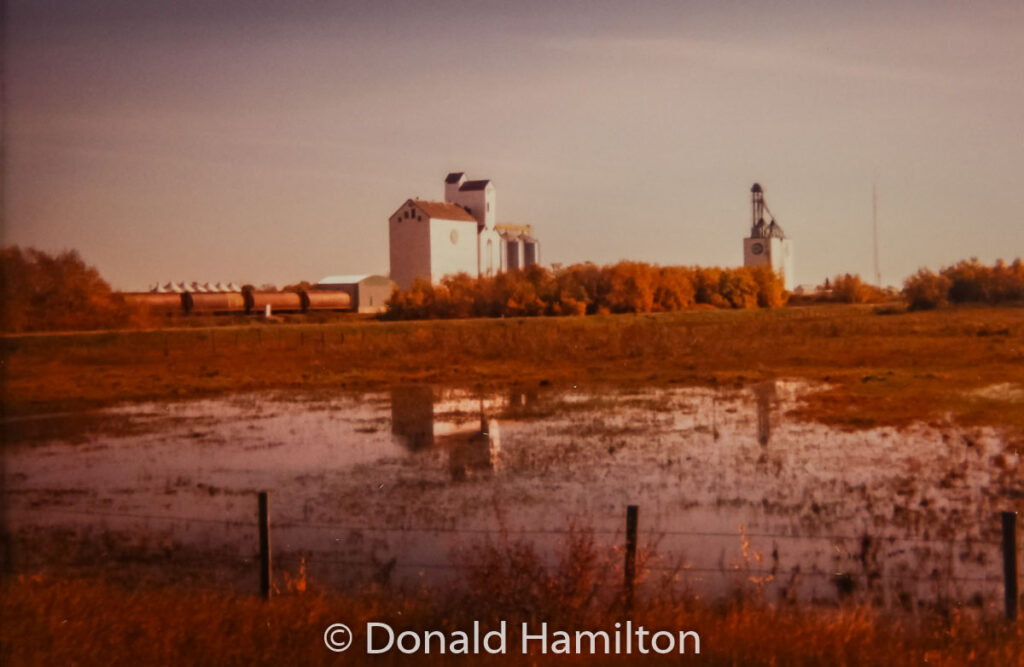 Manitoba Pool Elevator and Cargill elevator, Solsgirth, July 1992. Contributed by Donald Hamilton.