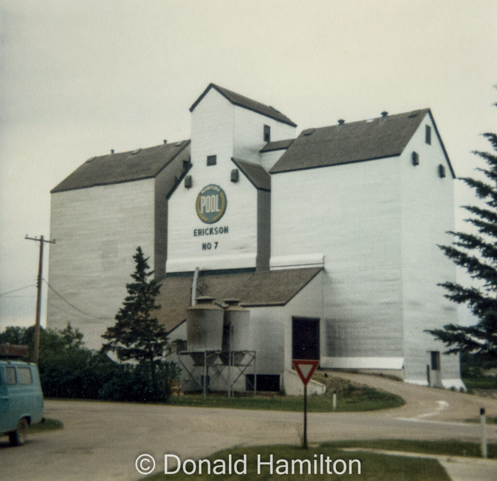Pool grain elevator Erickson, MB, July 1989. Contributed by Donald Hamilton.