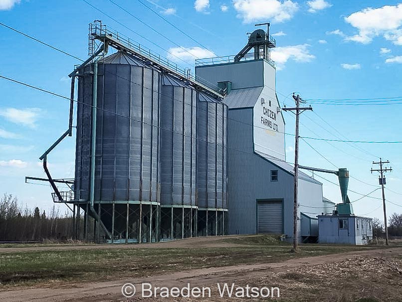 Grain elevator in Thorhild, AB, May 2020. Contributed by Braeden Watson.