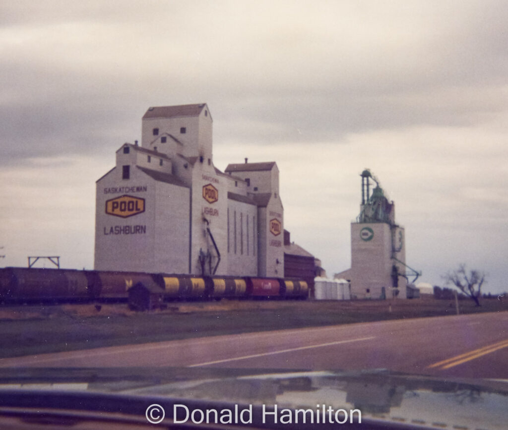 Grain elevators in Lashburn, SK in 1990. Copyright by Donald Hamilton.