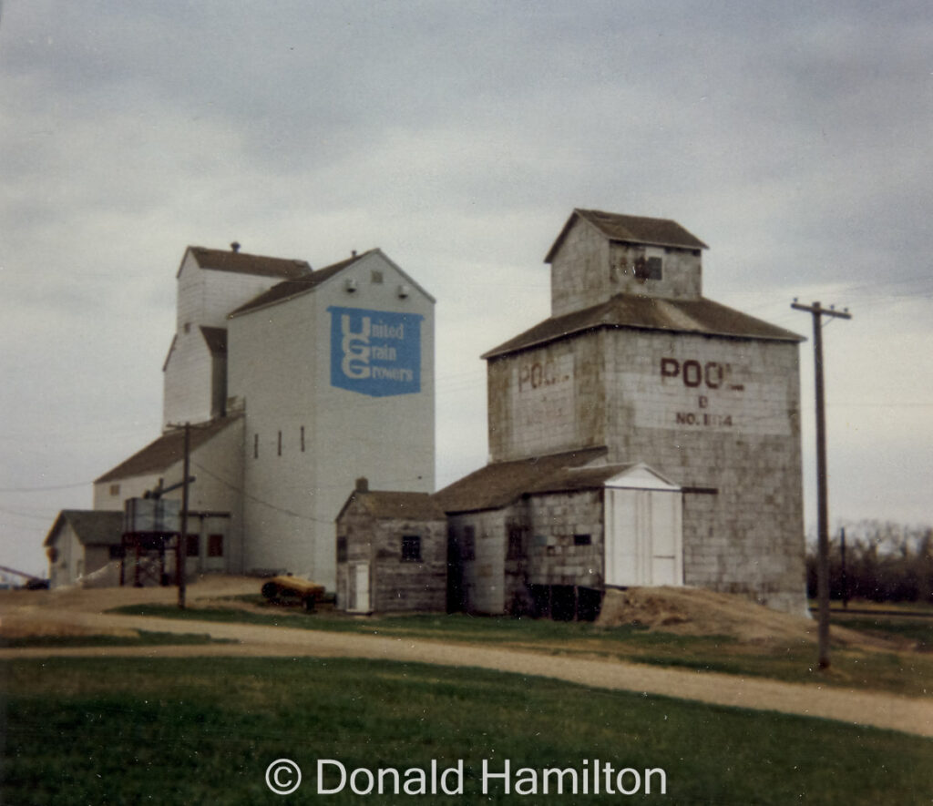 Pool "D" elevator and UGG grain elevator in Moosomin, SK, 1989. Copyright by Donald Hamilton.