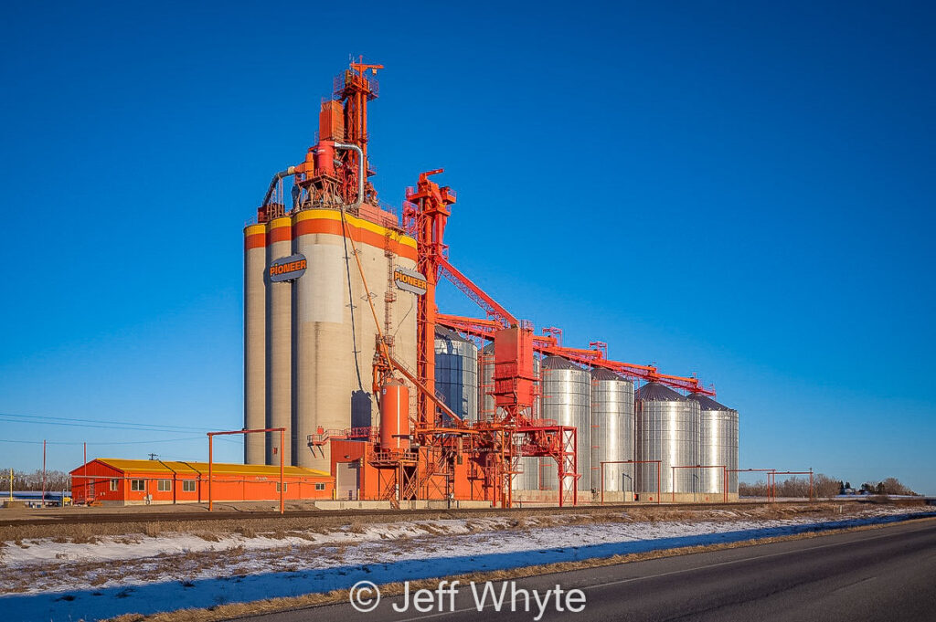 Ex UGG grain elevator near Olds, AB, Dec 2020. Contributed by Jeff Whyte.