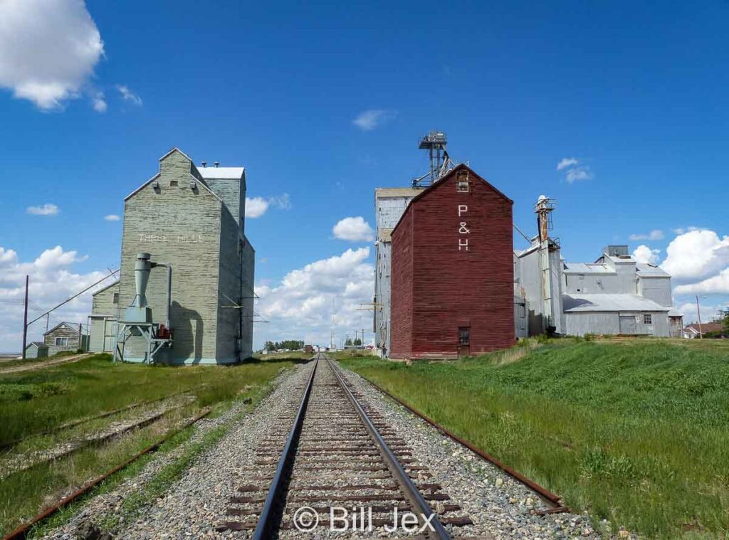 Three Hills grain elevators, June 2014. Contributed by Bill Jex.