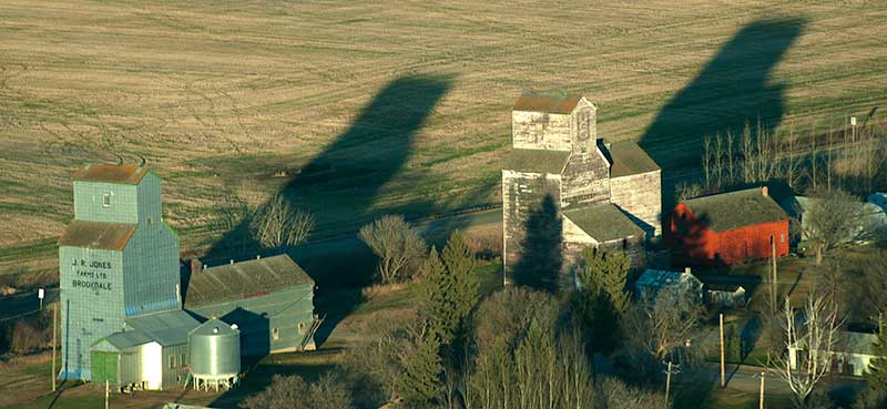 Aerial image of Brookdale, MB grain elevators, 2010. Contributed by John Hendry.