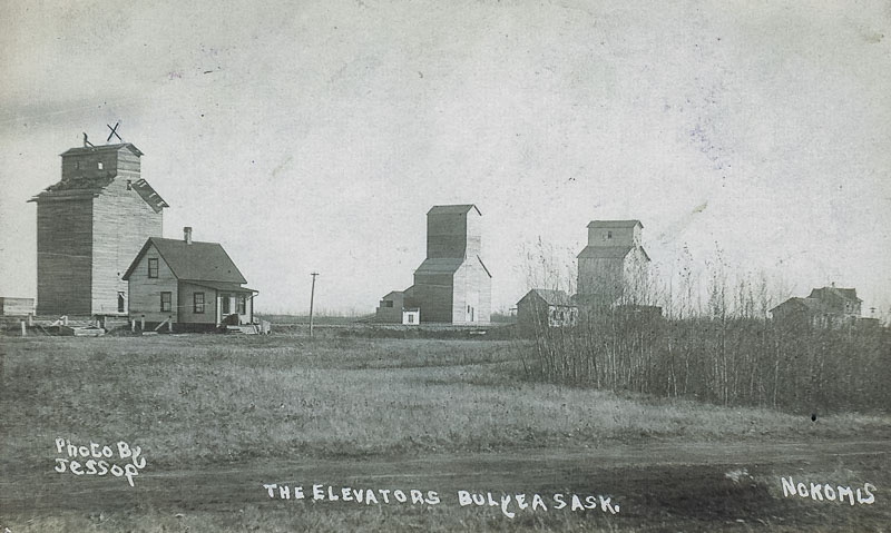 Historic postcard of Bulyea grain elevators