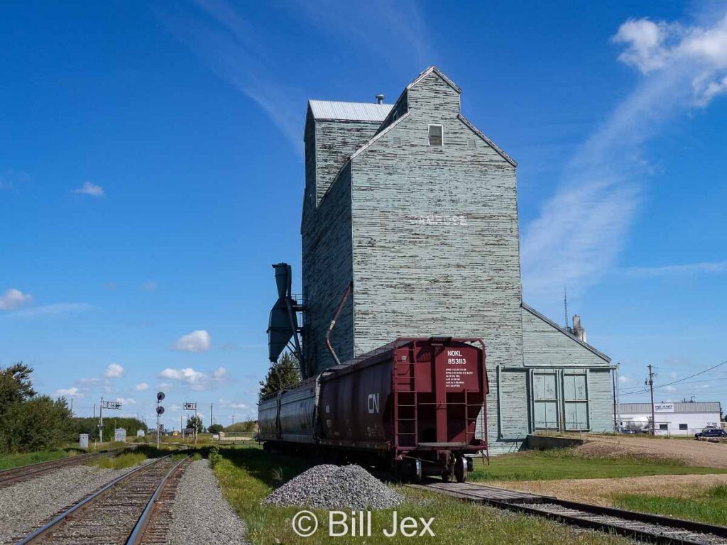 Camrose grain elevator and rail cars, Aug 2014. Contributed by Bill Jex.