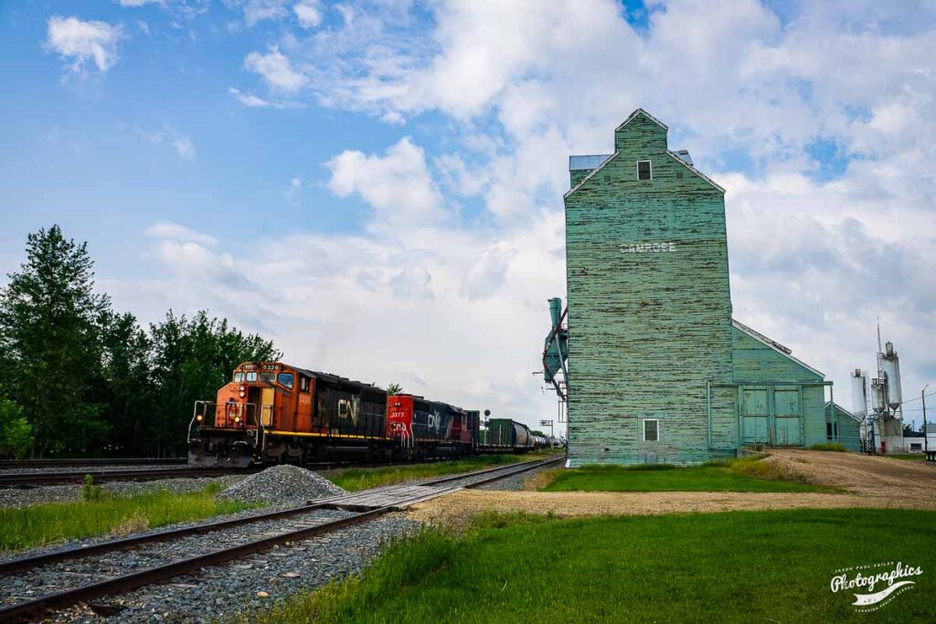 CN train at the Camrose, AB grain elevator, June 2019. Contributed by Jason Paul Sailer.