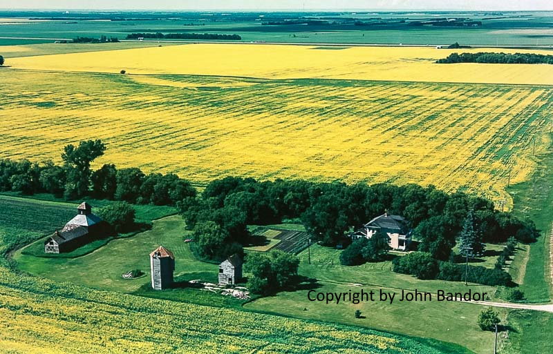 Aerial photo of farm with grain elevator near Carberry, 2014. Contributed by John Bandor.