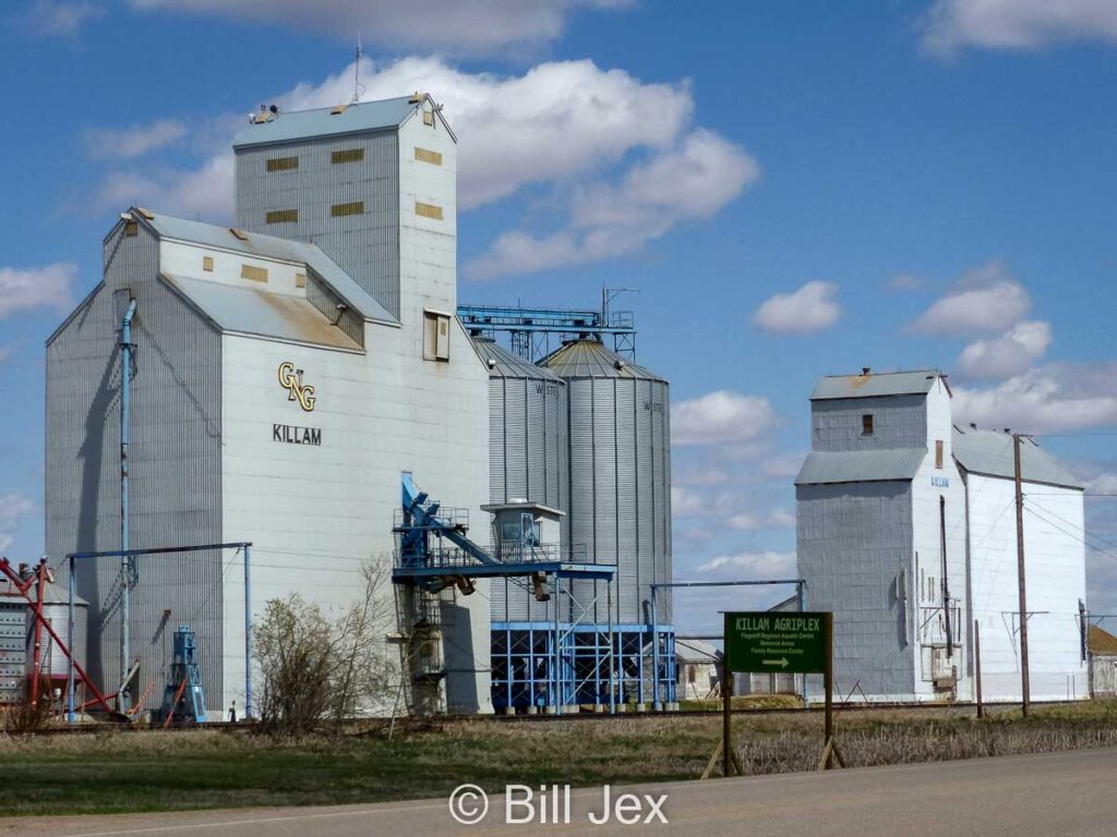 Killam, AB grain elevators, May 2013. Contributed by Bill Jex.