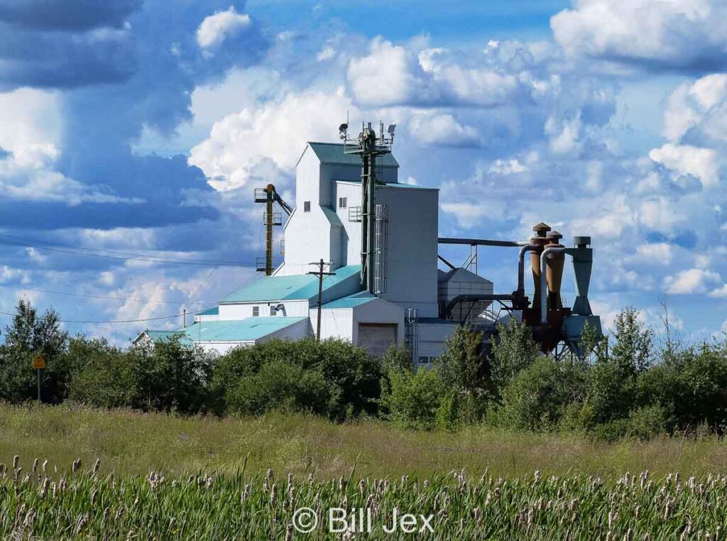 Grain elevator in complex near Lougheed, AB, July 2014. Contributed by Bill Jex.